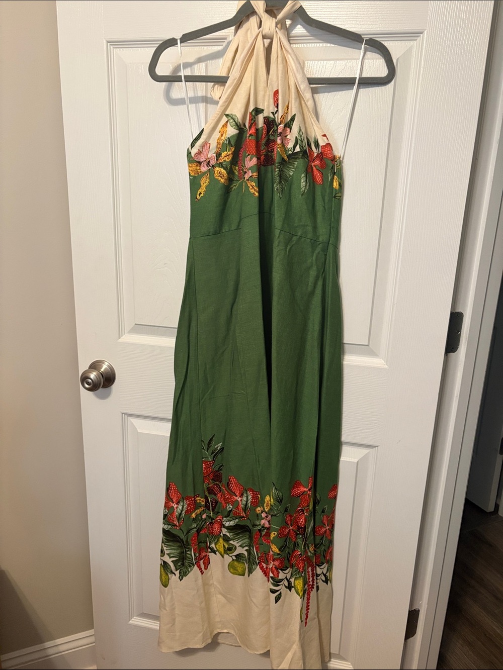 H&M Green and Cream Floral Halter Midi Dress